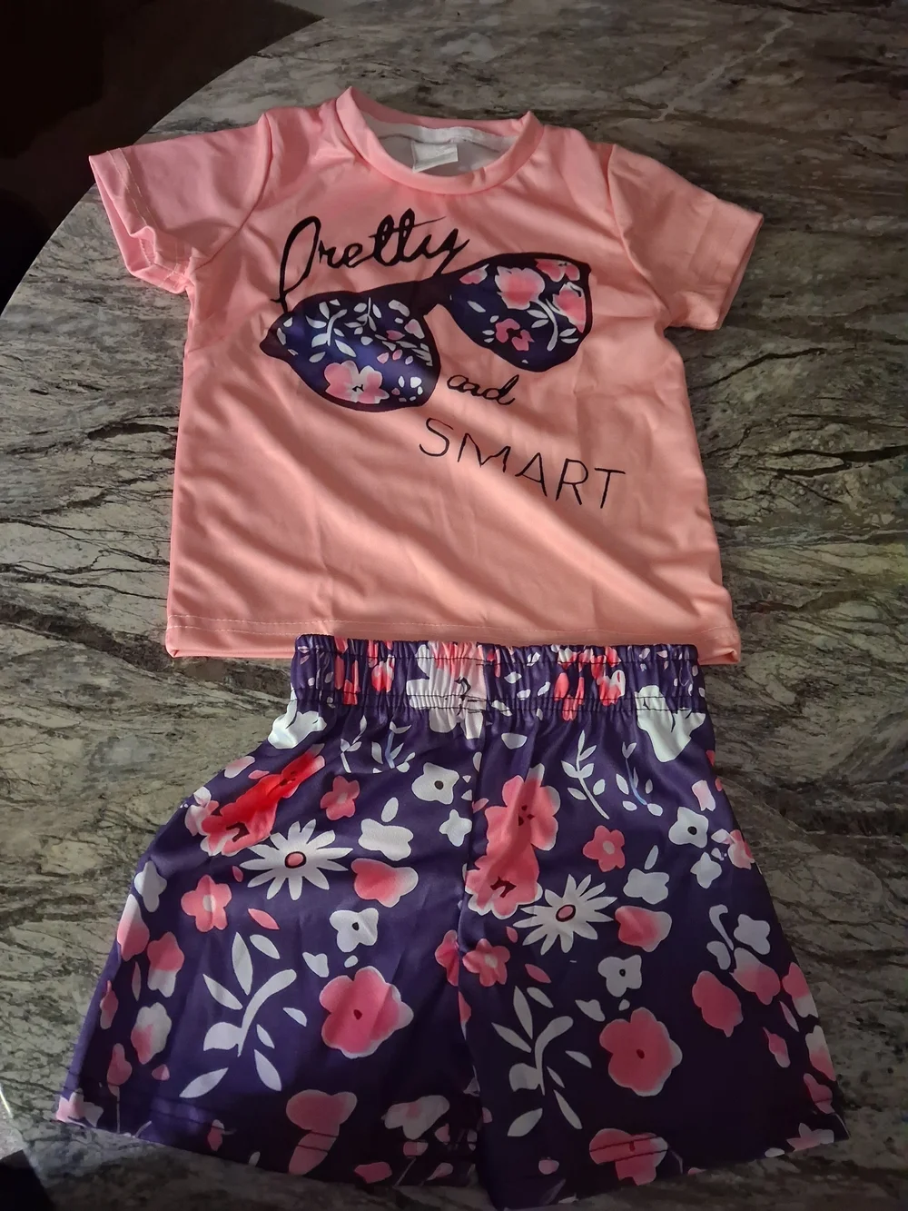 Kids Pink Tee and Purple Floral Shorts Set - Unbranded